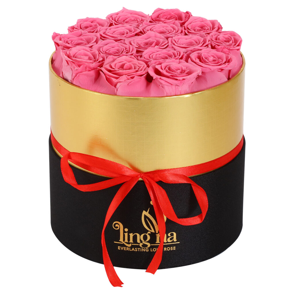 CLASSIC 16 Preserved Roses In A ROUND EVERLASTING ROSE DISPLAY WITH SIGNATURE ROUND GIFT BOX